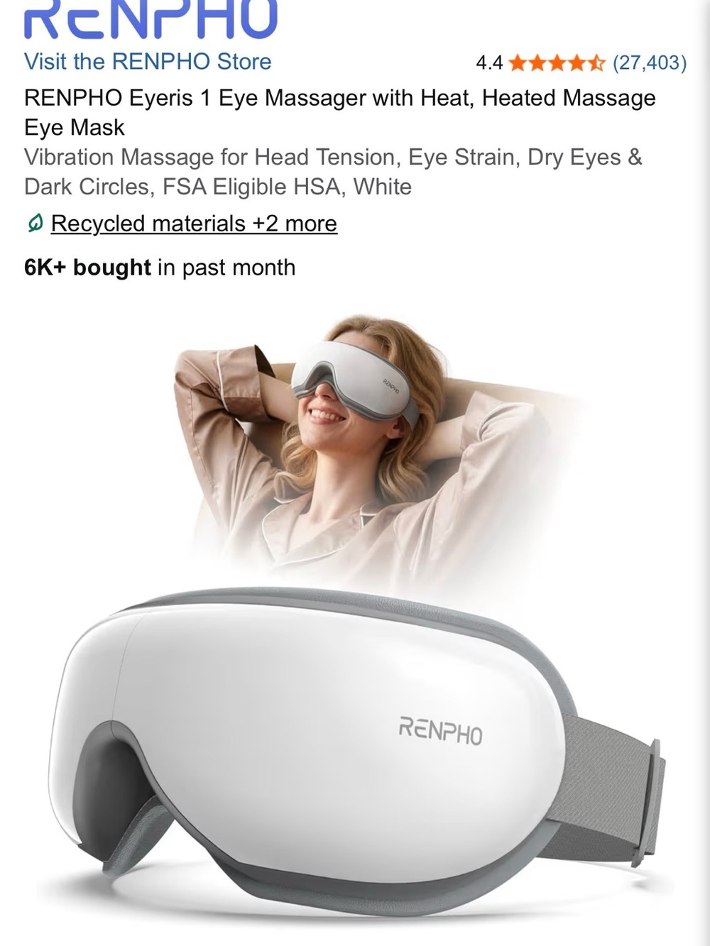 RENPHO White Heated Eye Massager with Adjustable Strap